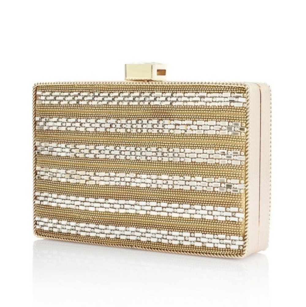 'VIOLA' GOLD SATIN BEADED CLUTCH ON CHAIN